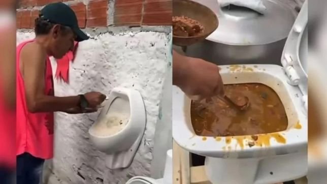 Moradores preparam feijoada em vaso sanitário